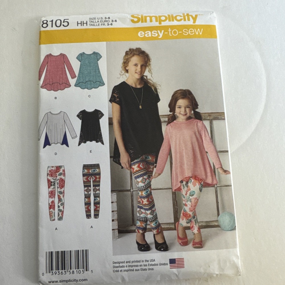 Simplicity Uncut Sewing Pattern 8105 Girls Shirts Pants Leggings 3-6